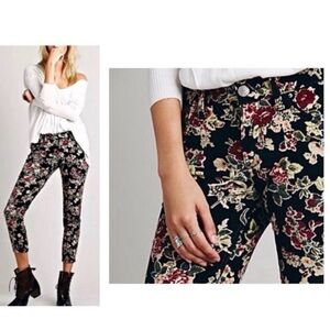 Free People Black Corduroy Floral Print Pants